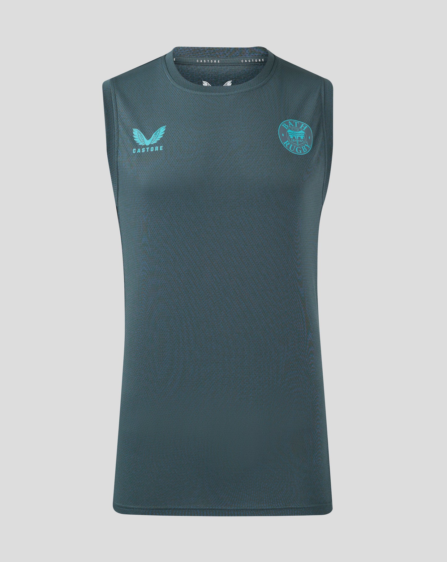 Front view of Bath Rugby Pro Players Training Vest in teal mesh with sleeveless silhouette and Castore crest left chest and Bath Rugby crest right chest