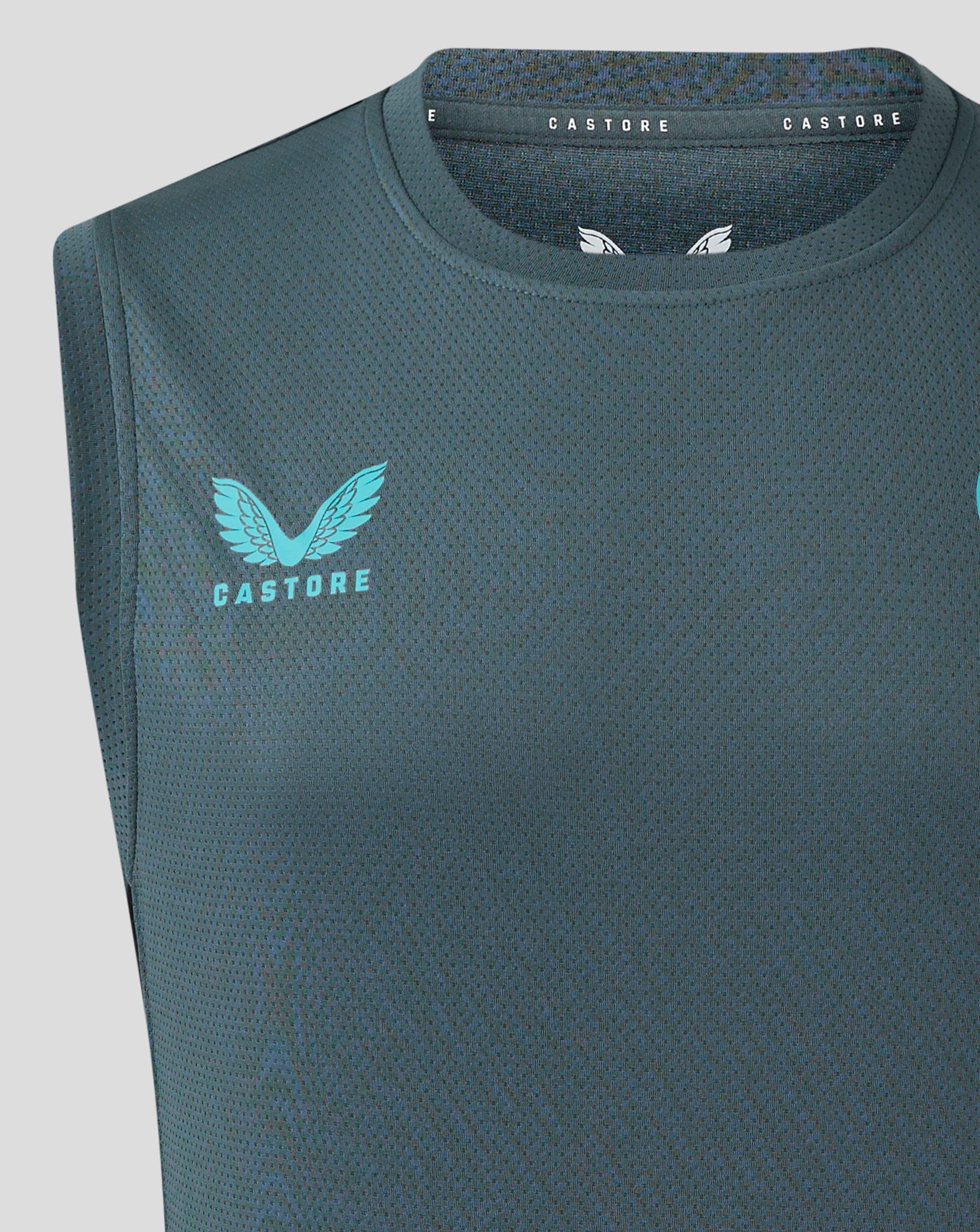 Back view of Bath Rugby training vest in teal with Dyson branding at the neck