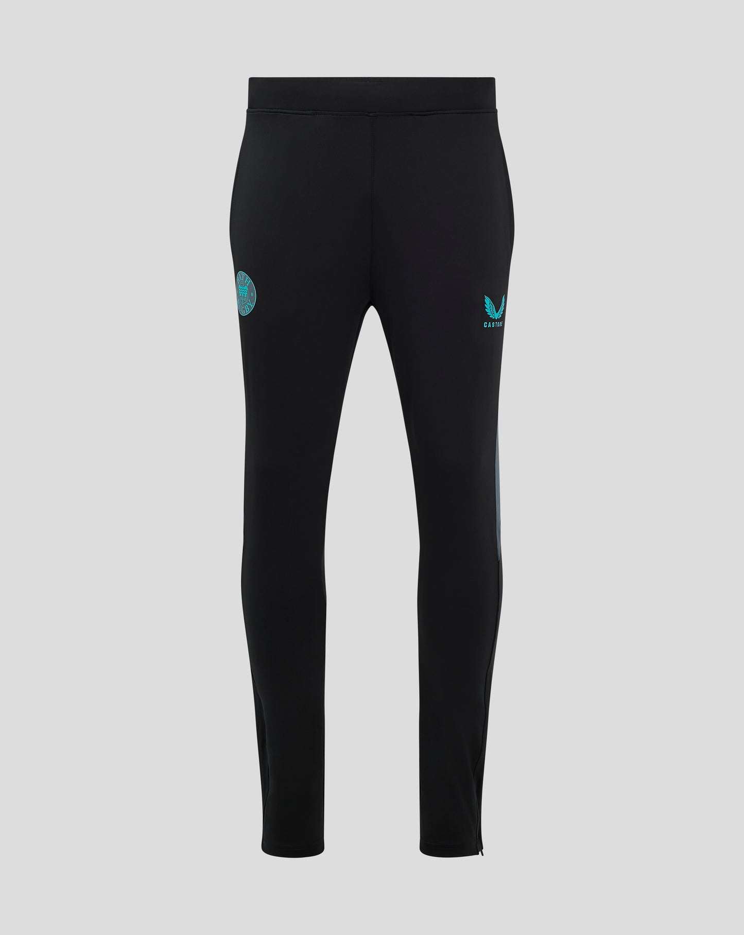 Back view of black Bath Rugby training pants with zip ankles and turquoise crest on left thigh and Castore logo on right thigh.