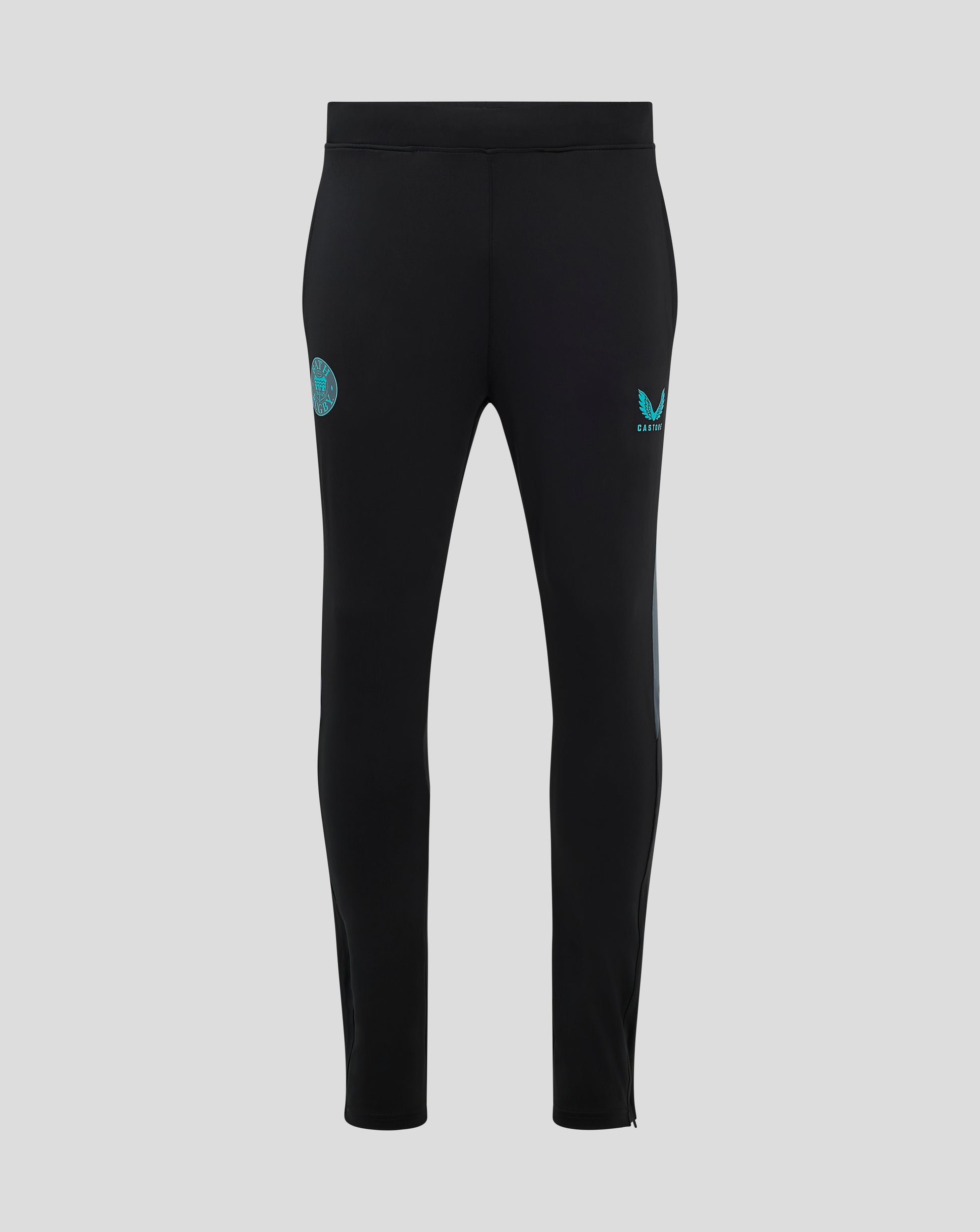 Back view of black Bath Rugby training pants with zip ankles and turquoise crest on left thigh and Castore logo on right thigh.