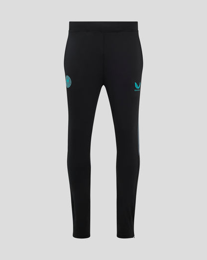 Back view of black Bath Rugby training pants with zip ankles and turquoise crest on left thigh and Castore logo on right thigh.