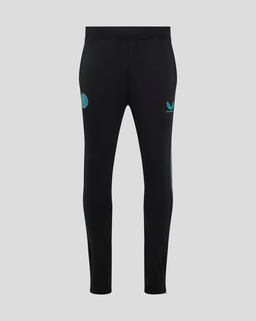 Back view of black Bath Rugby training pants with zip ankles and turquoise crest on left thigh and Castore logo on right thigh.