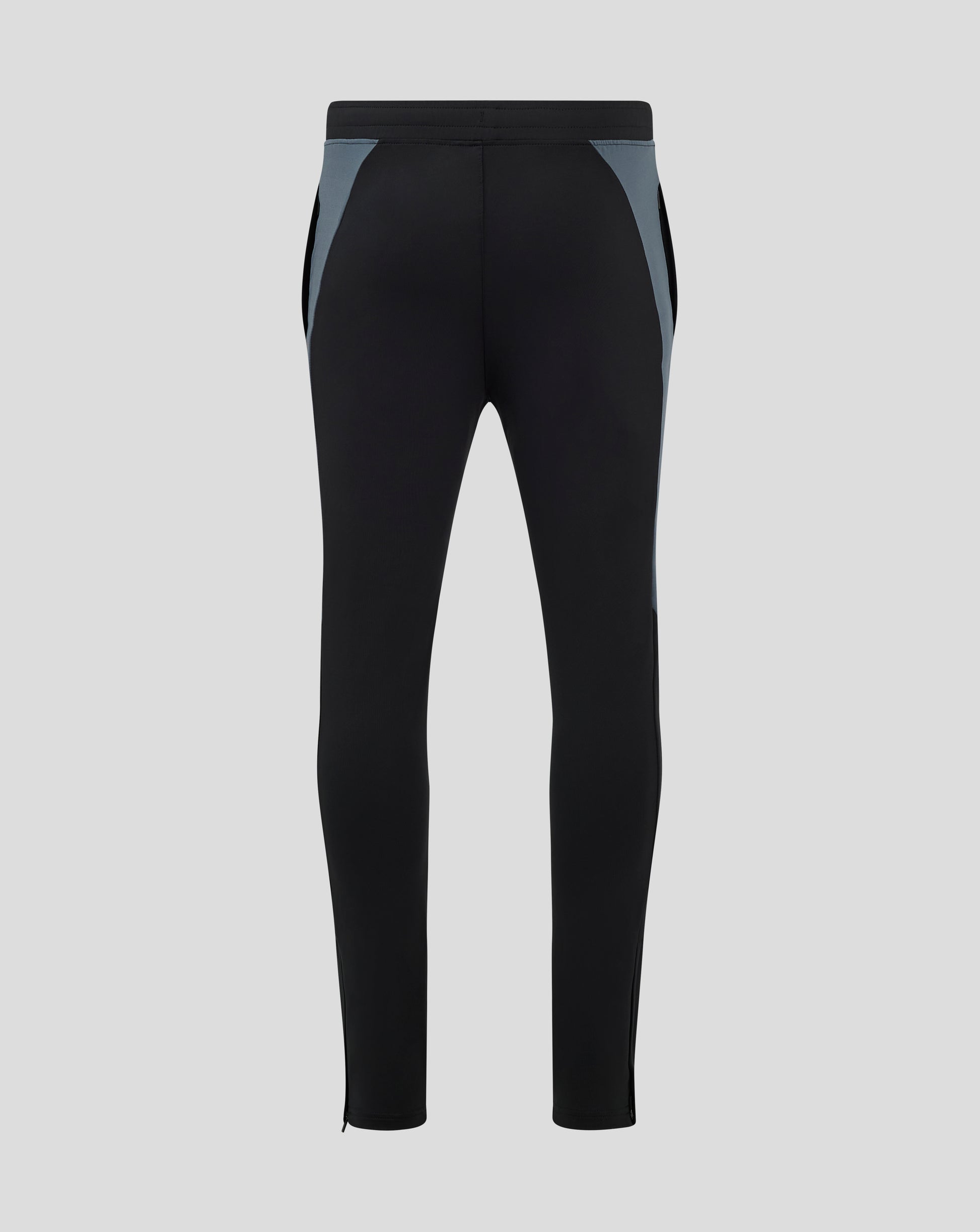 Back view of Bath Rugby Pro Players Training Pants in black with light blue side panels and zipped ankles