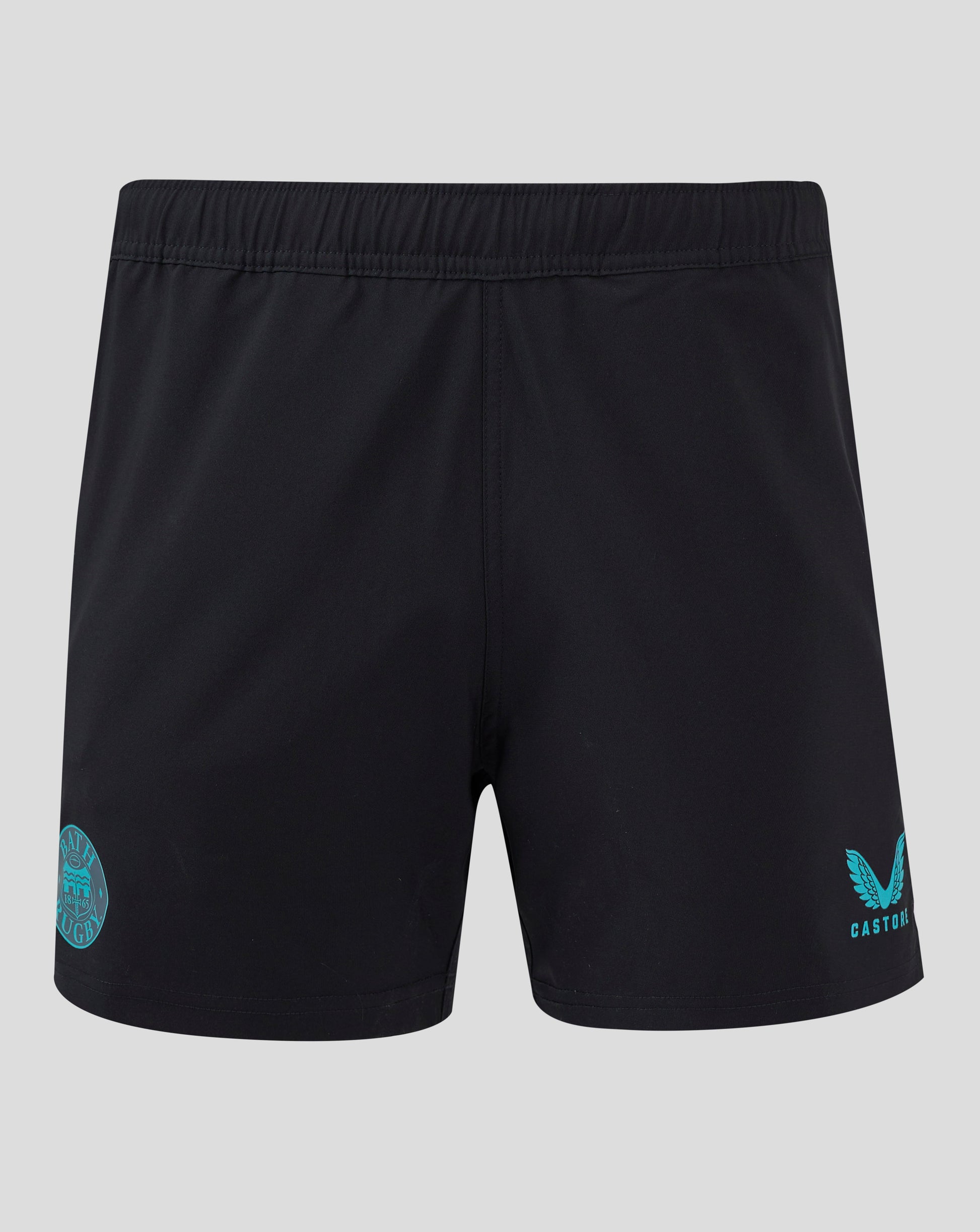 Black Bath Rugby shorts with crest patch on left leg and Castore logo on right leg