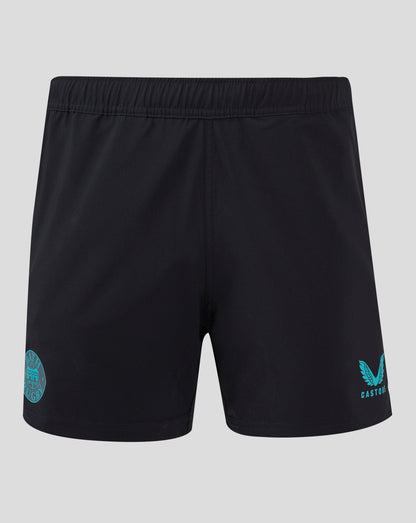 Black Bath Rugby shorts with crest patch on left leg and Castore logo on right leg