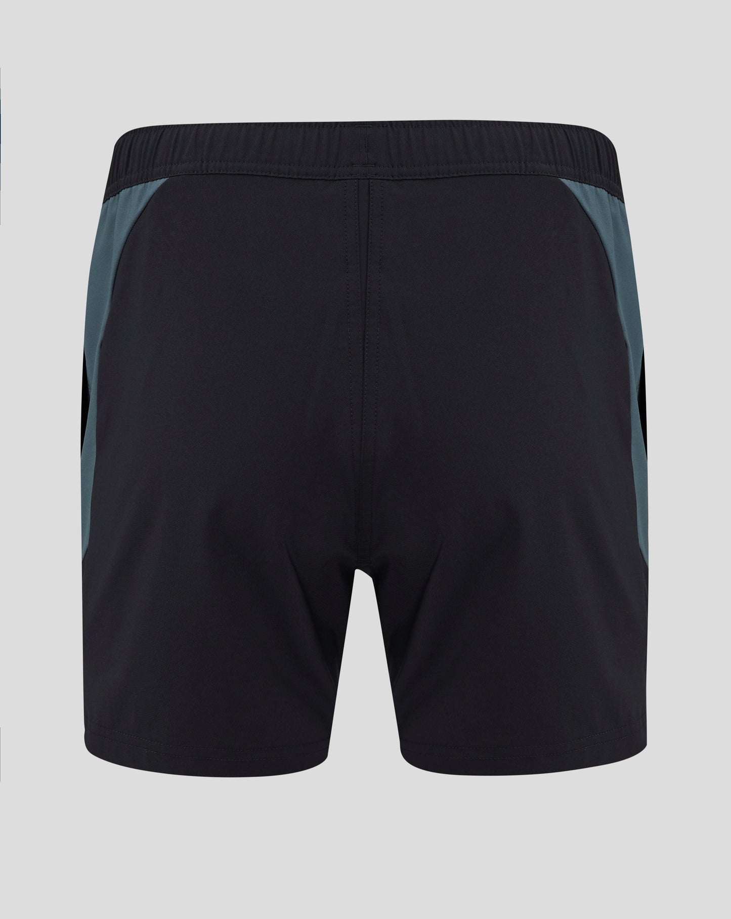 Back view of black Bath Rugby shorts showing turquoise Bath Rugby crest on left leg and Castore logo on right leg.