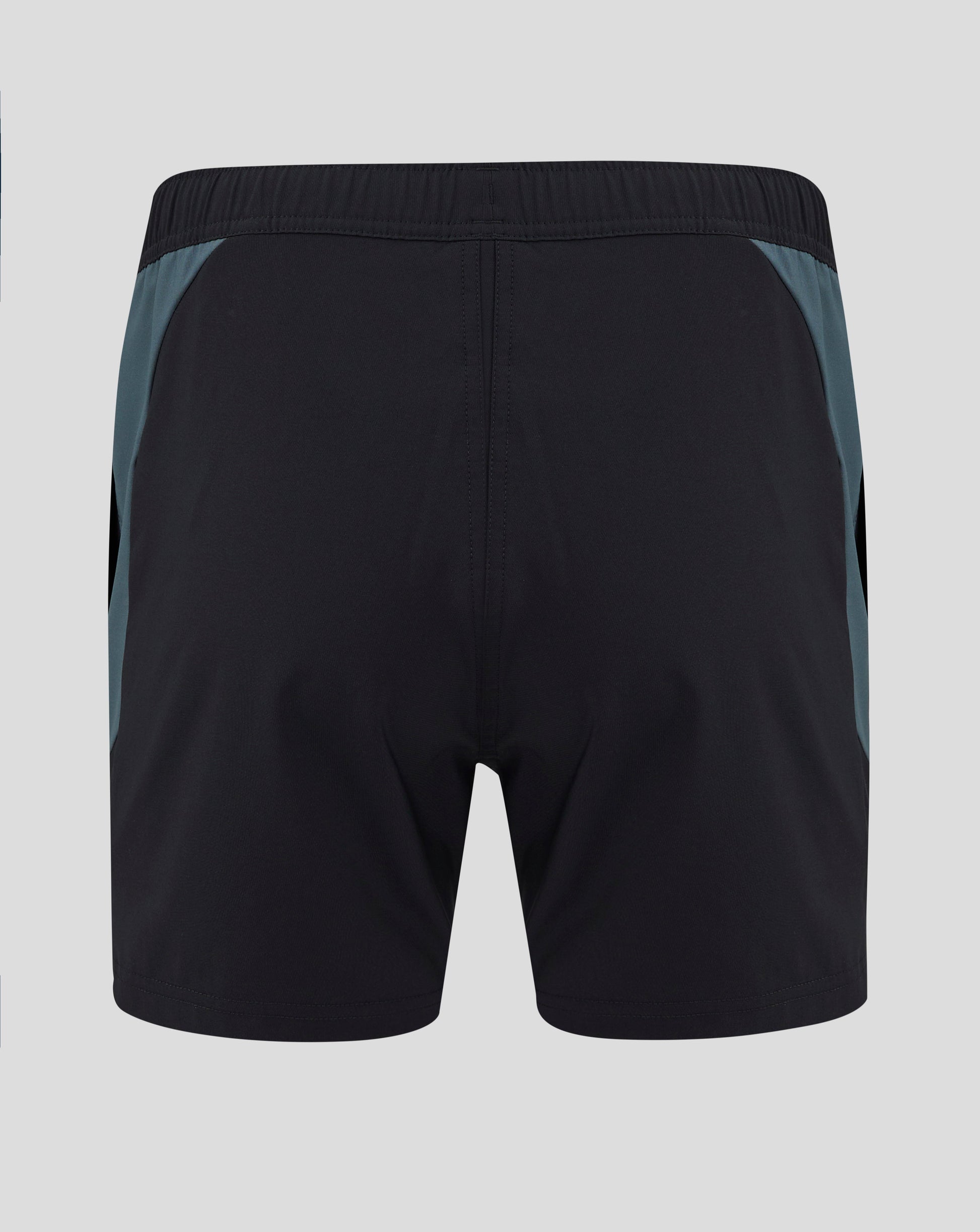 Back view of black Bath Rugby shorts showing turquoise Bath Rugby crest on left leg and Castore logo on right leg.