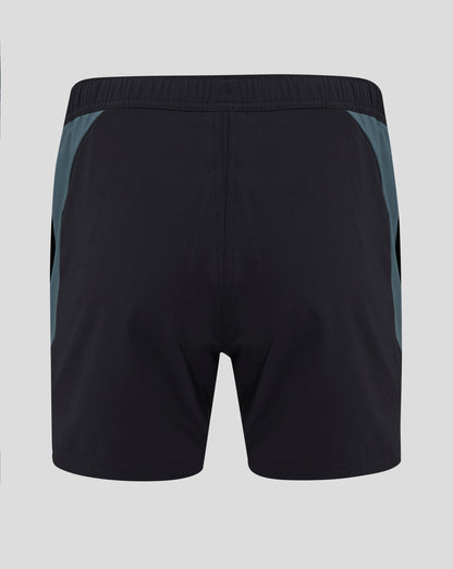 Back view of black Bath Rugby shorts showing turquoise Bath Rugby crest on left leg and Castore logo on right leg.