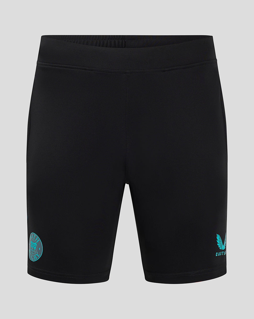 Black Bath Rugby gym training shorts with turquoise Bath Rugby crest on left leg and Castore logo on right leg.