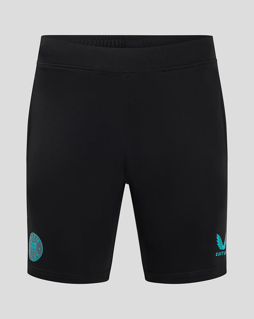 Black Bath Rugby gym training shorts with turquoise Bath Rugby crest on left leg and Castore logo on right leg.