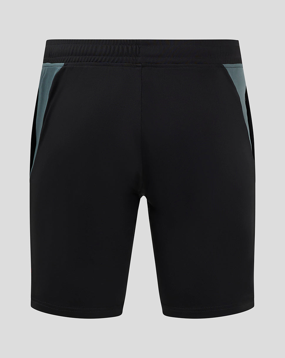 Bath Rugby training shorts in black with teal side panels shown from the back with elastic waistband and thigh logos