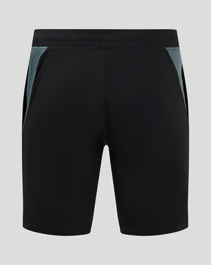 Bath Rugby training shorts in black with teal side panels shown from the back with elastic waistband and thigh logos