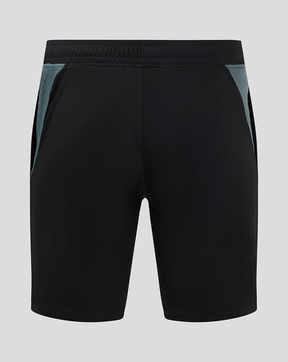 Bath Rugby training shorts in black with teal side panels shown from the back with elastic waistband and thigh logos