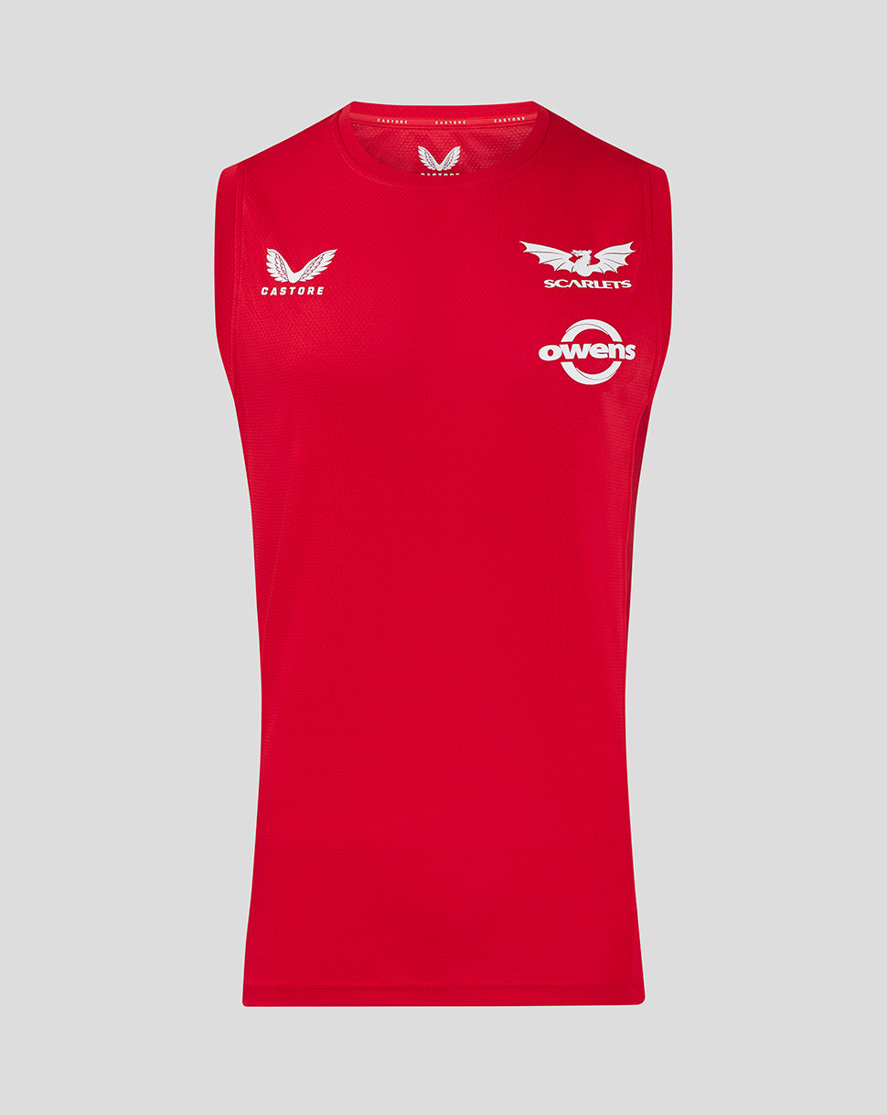 Red Scarlets training vest featuring white Castore logo on left chest and Scarlets and Owens sponsor logos on front.