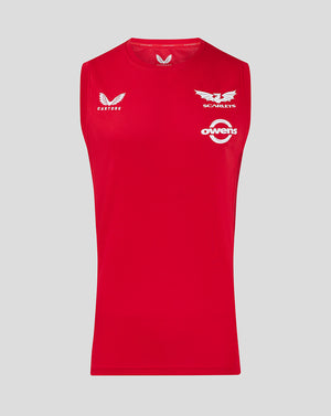 Red Scarlets training vest featuring white Castore logo on left chest and Scarlets and Owens sponsor logos on front.
