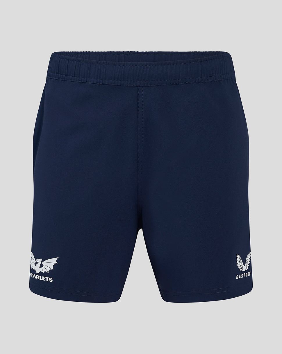 Navy Scarlets training rugby shorts with elastic waistband and Scarlets dragon logo on left leg and Castore logo on right leg