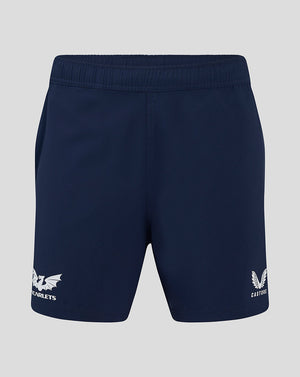 Navy Scarlets training rugby shorts with elastic waistband and Scarlets dragon logo on left leg and Castore logo on right leg