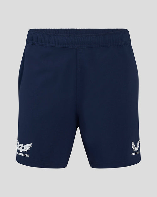 Navy Scarlets training rugby shorts with elastic waistband and Scarlets dragon logo on left leg and Castore logo on right leg