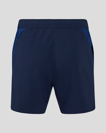 Navy Scarlets training shorts with light blue side panels and an elastic waistband, back view.