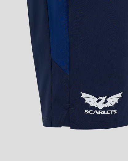 Navy Scarlets shorts with dragon Scarlets logo on the left leg hem