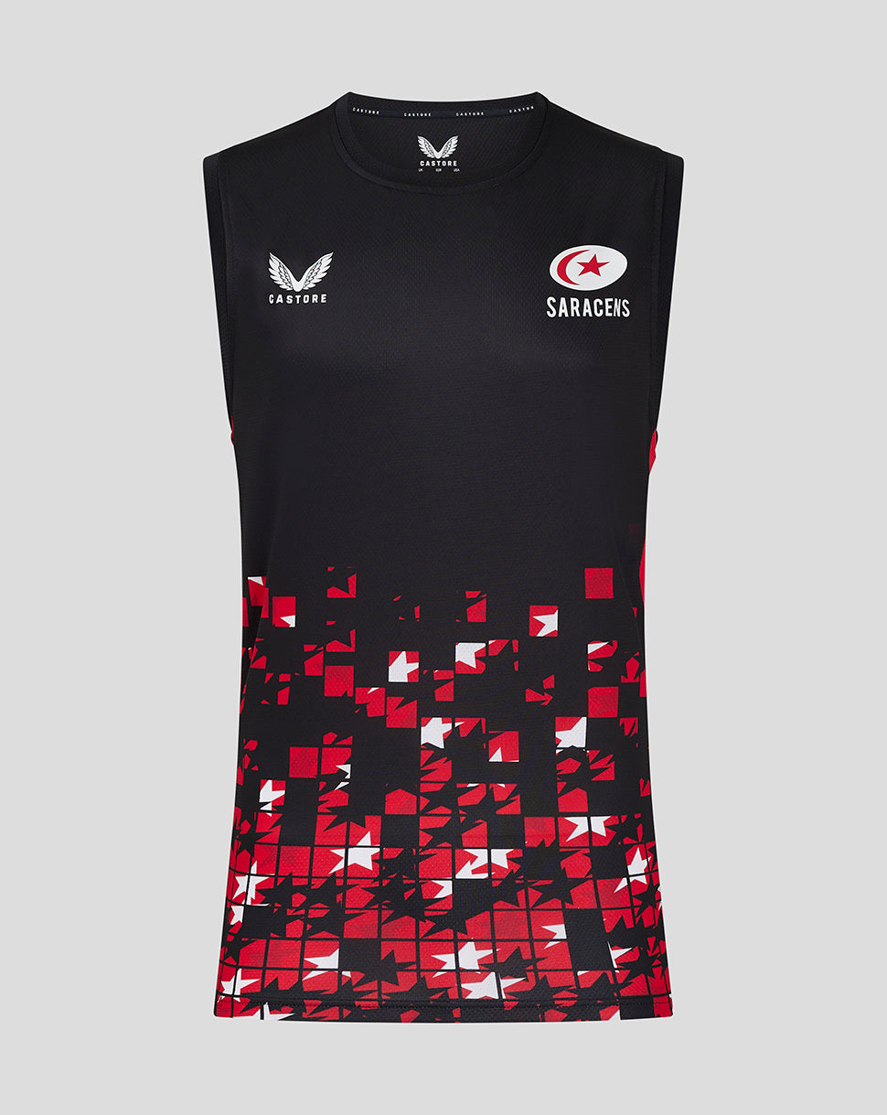 Saracens matchday vest in black with red and white pixel square pattern at the hem and chest logos