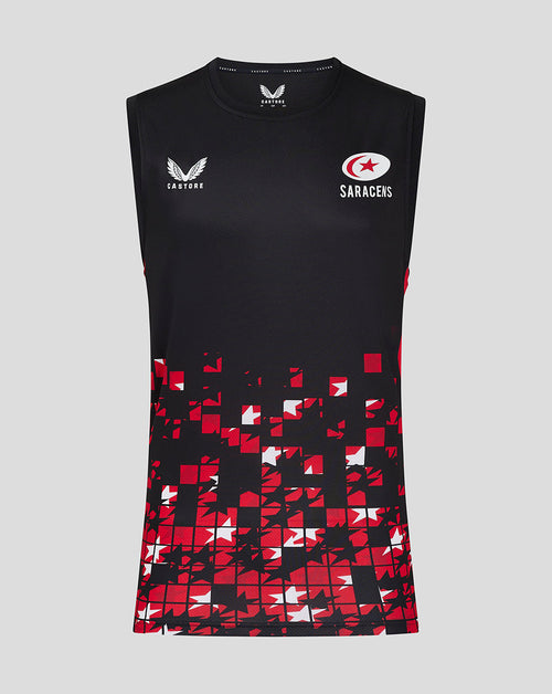 Saracens matchday vest in black with red and white pixel square pattern at the hem and chest logos