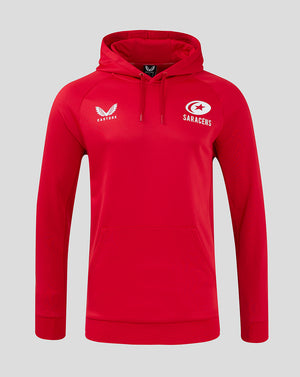 Front view of red Saracens training hoodie with chest logos and hood