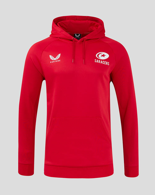 Front view of red Saracens training hoodie with chest logos and hood