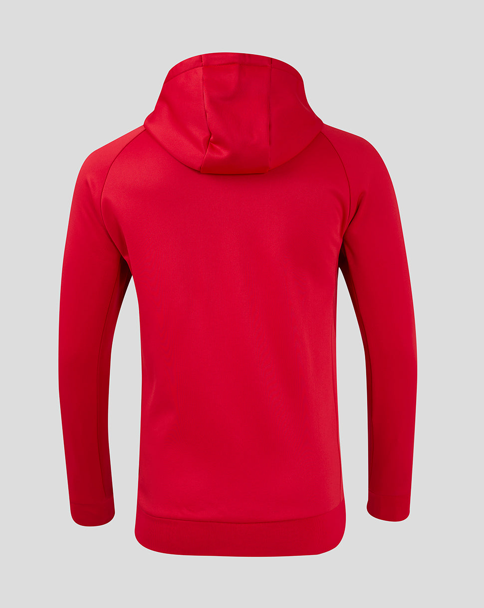 Back view of red Saracens training hoody showing the hood and plain back panel.