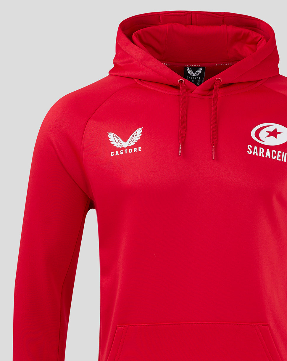 Red hooded training top with white chest logos and drawstrings visible on the front.