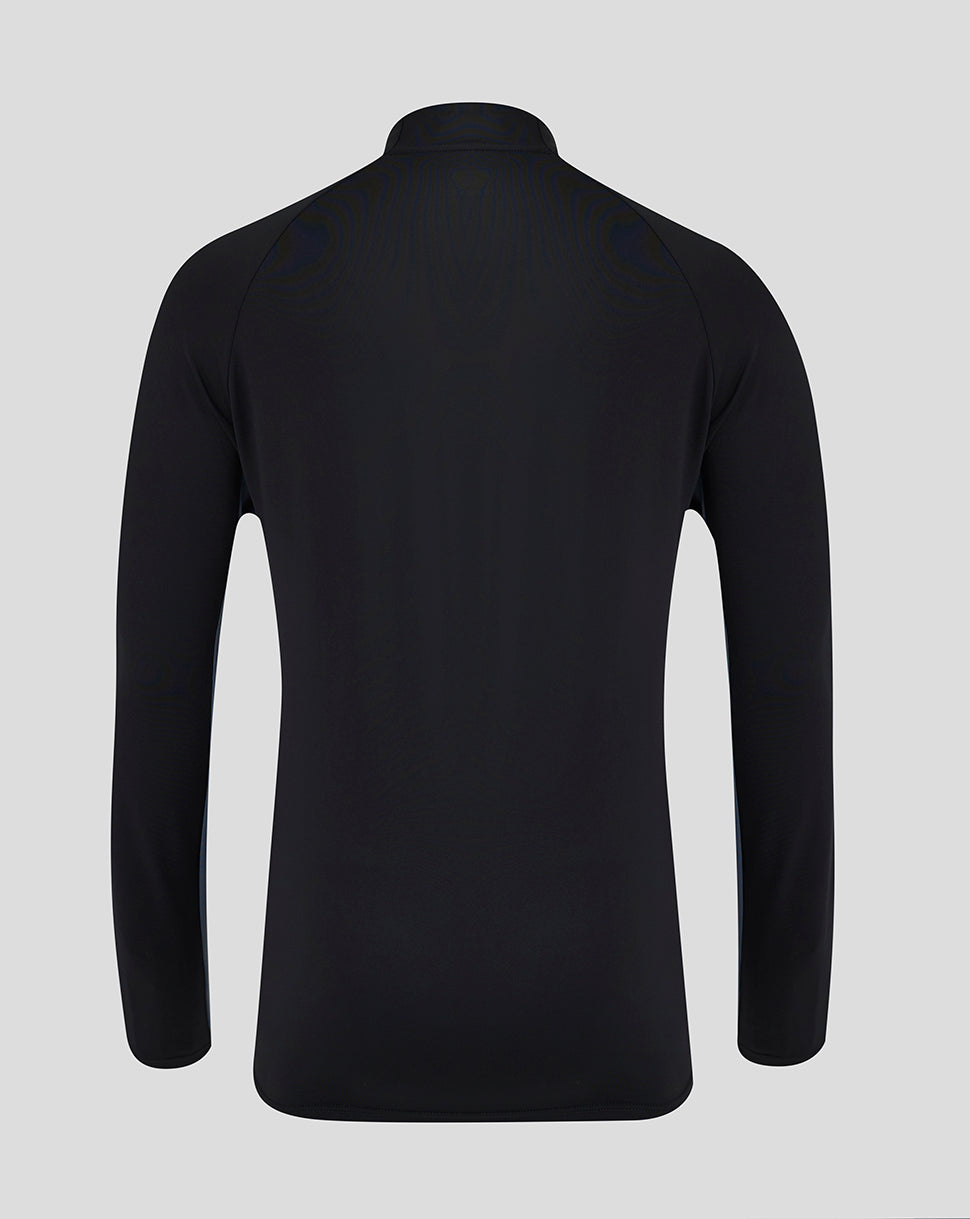 Back view of black long sleeve training top with high collar.