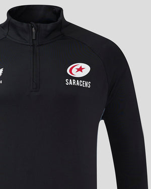 Close-up of Saracens crest on black training top