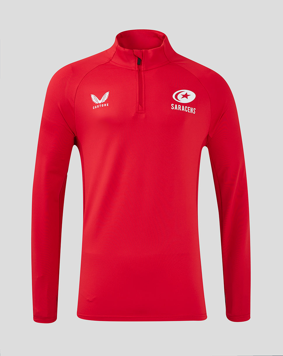 Front view of red Saracens training top with quarter zip and white Castore and Saracens logos