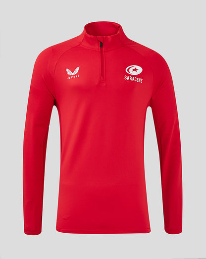 Front view of red Saracens training top with quarter zip and white Castore and Saracens logos