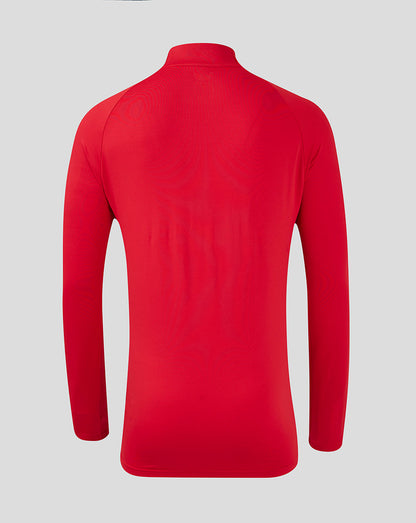 Back view of red Saracens training quarter zip top showing clean shoulder seams and high collar.