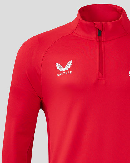 Front view of red Saracens training quarter zip top with white Castore logo on the left chest.