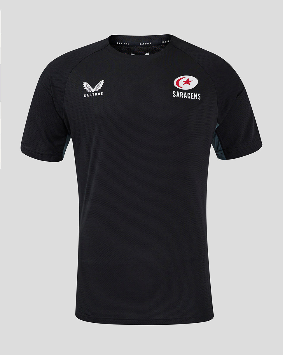 Front view of black Saracens training short sleeve tee with Castore logo and Saracens emblem on the chest