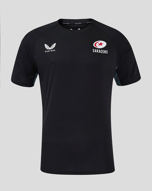 Front view of black Saracens training short sleeve tee with Castore logo and Saracens emblem on the chest