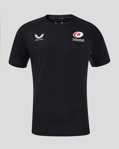 Front view of black Saracens training short sleeve tee with Castore logo and Saracens emblem on the chest