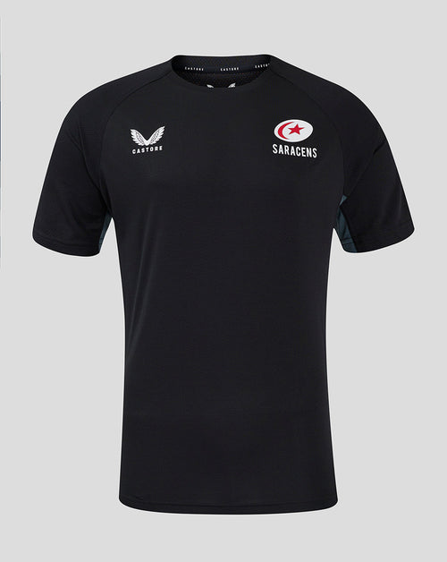 Front view of black Saracens training short sleeve tee with Castore logo and Saracens emblem on the chest