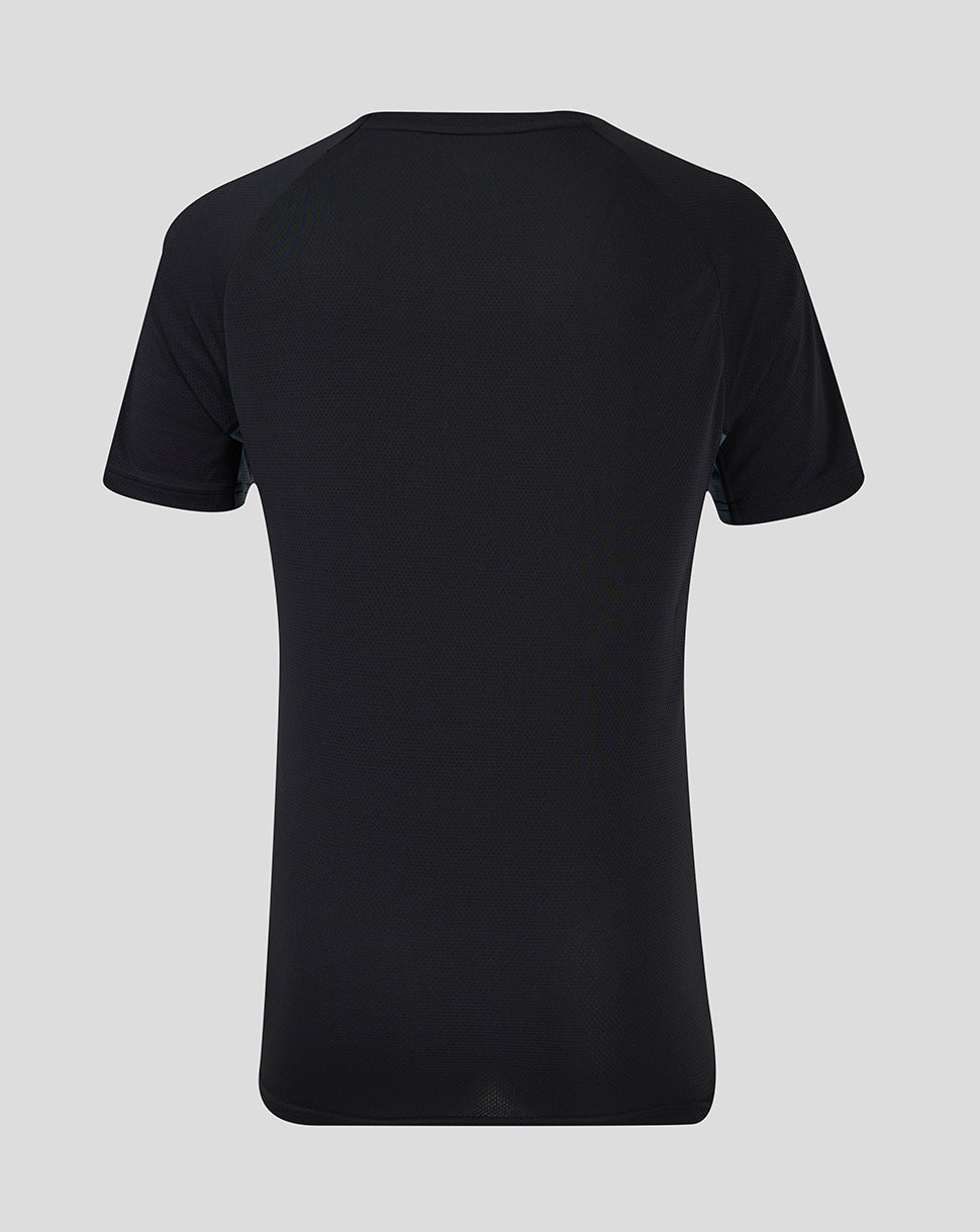 Back view of black training tee featuring subtle mesh texture and shoulder seams