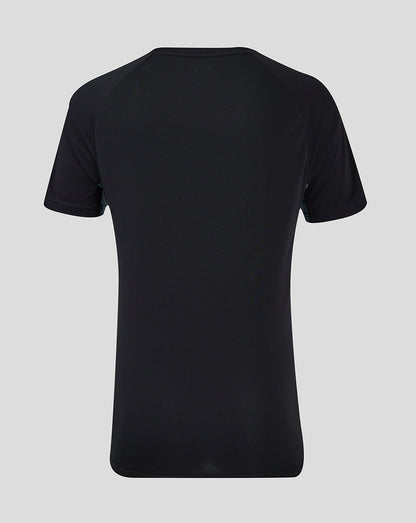 Back view of black training tee featuring subtle mesh texture and shoulder seams