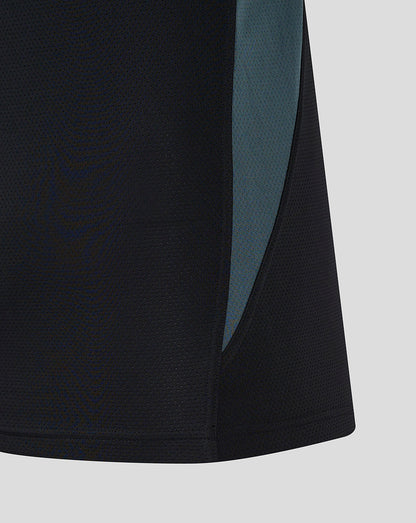 Side view of black Saracens training tee with teal side panel accent