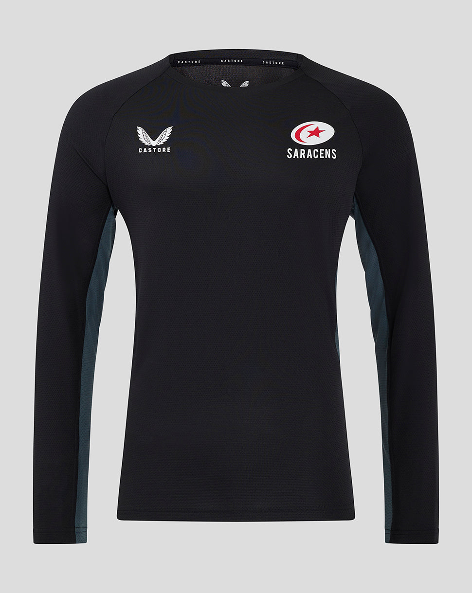 Front view of black Saracens training tee with Castore logo on left chest and Saracens crest on right chest