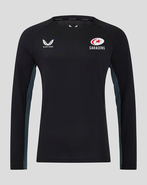 Front view of black Saracens training tee with Castore logo on left chest and Saracens crest on right chest