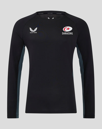 Front view of black Saracens training tee with Castore logo on left chest and Saracens crest on right chest