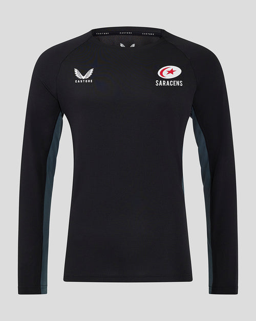 Front view of black Saracens training tee with Castore logo on left chest and Saracens crest on right chest