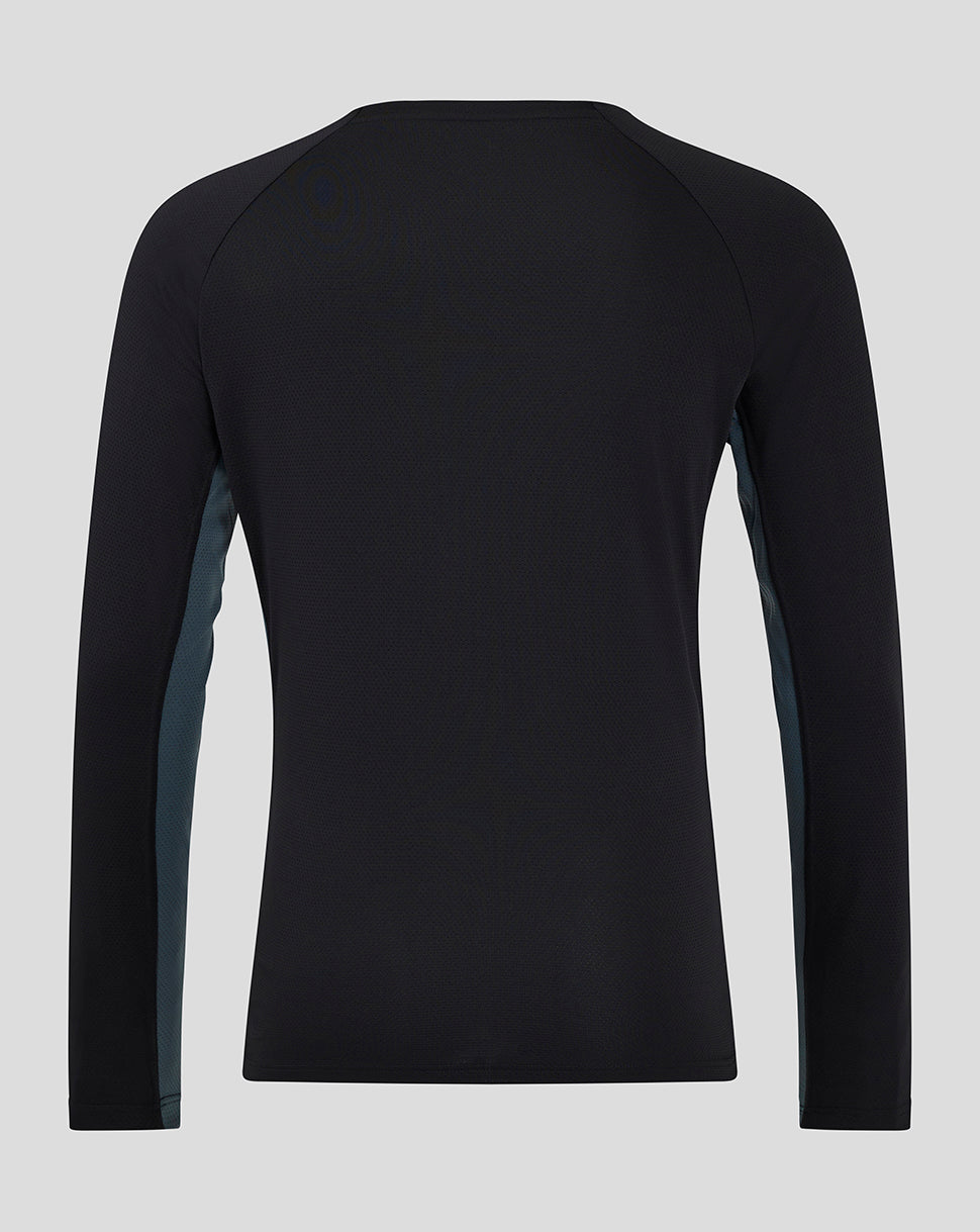 Back view of black Saracens training long sleeve tee with teal side panels