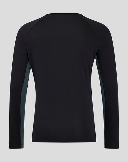 Back view of black Saracens training long sleeve tee with teal side panels