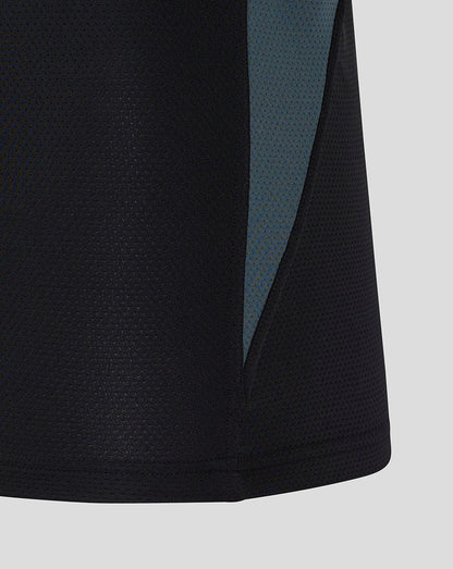 Close up of black mesh fabric and teal side panel on the Saracens training long sleeve tee